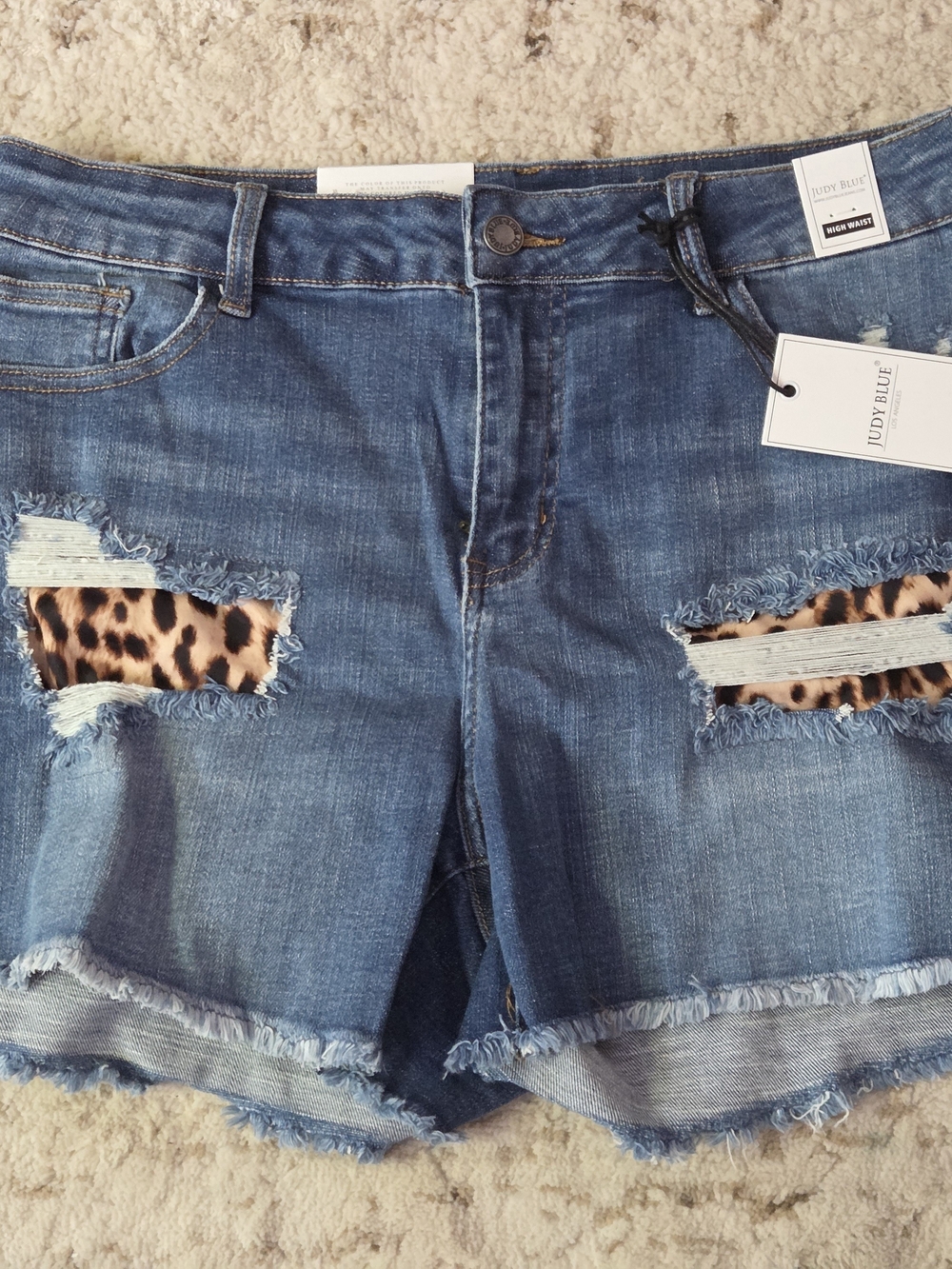 Judy Blue High Waist Distressed Leopard Patch Denim Shorts NWT XL